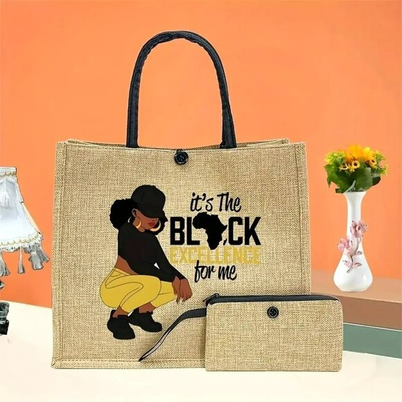 "It's the Black Excellence for Me" Tote Bag with Inner Pocket & Zipper Clutch (S - Picture 3 of 6